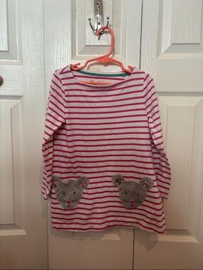 Mini Boden Pink and White Striped Long-Sleeve Dress with Bear Pockets